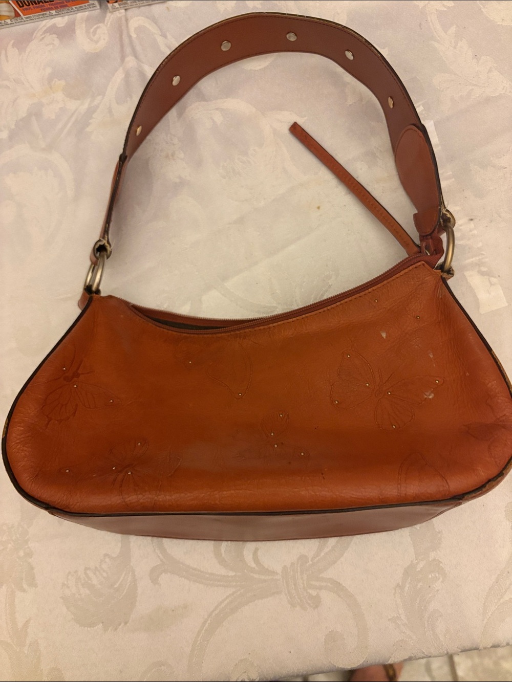 Women's Tan Leather Shoulder Bag with Floral Embossing